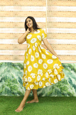 MANGAI Elegant Rayon MAXI Frock | Designer Neck | Half Sleeve | Flared Frill Bottom | Soft & Comfortable Daily Wear (RGM)