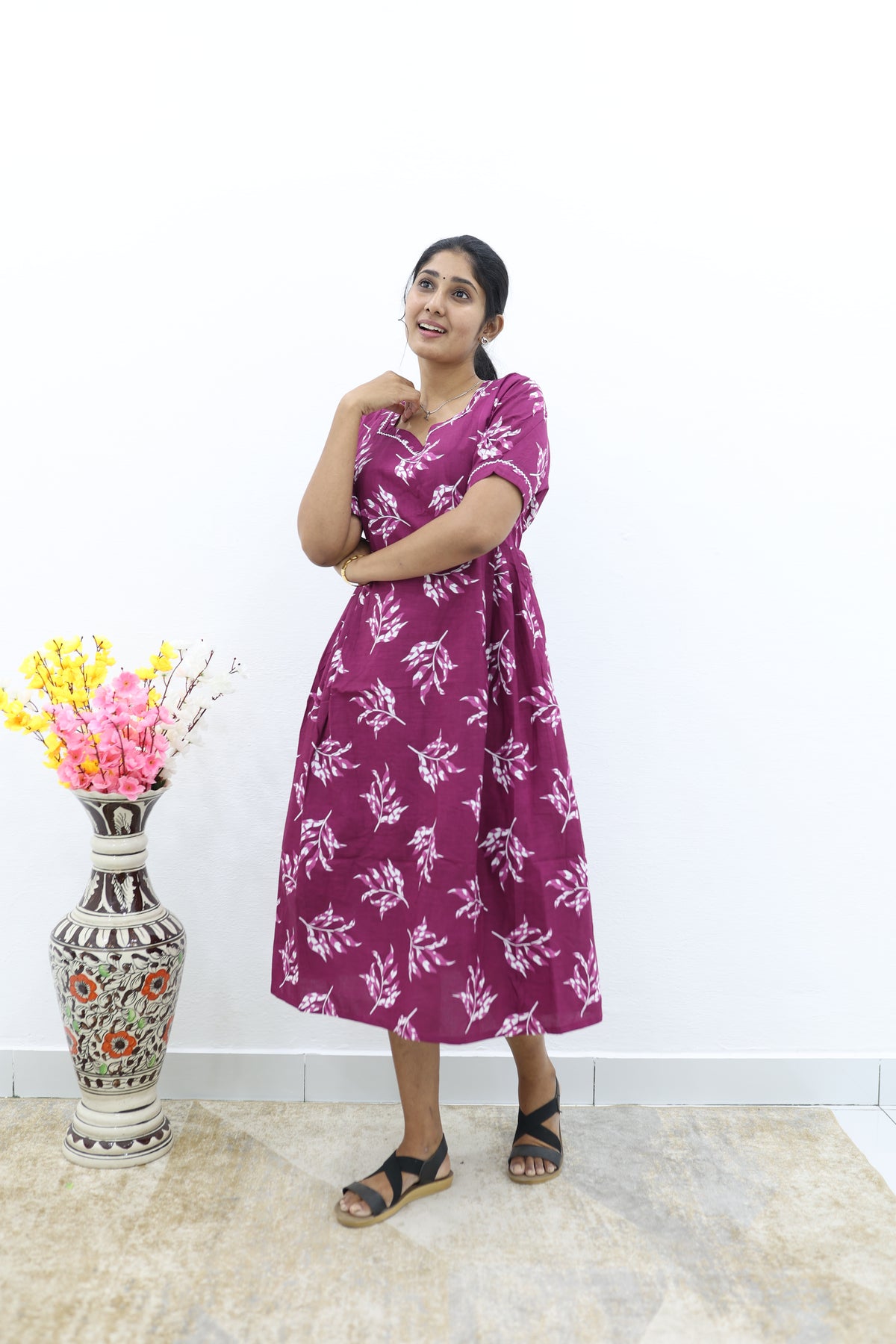 New Mangai Cotton Feeding MAXI Soft & Smooth Cotton | Invisible Vertical Feeding Zipper | Side Pockets | Back Adjustable Tie Rope |Casual & Maternity Wear (JFM)