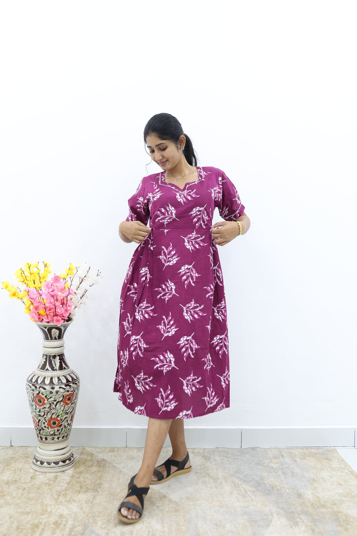 New Mangai Cotton Feeding MAXI Soft & Smooth Cotton | Invisible Vertical Feeding Zipper | Side Pockets | Back Adjustable Tie Rope |Casual & Maternity Wear (JFM)