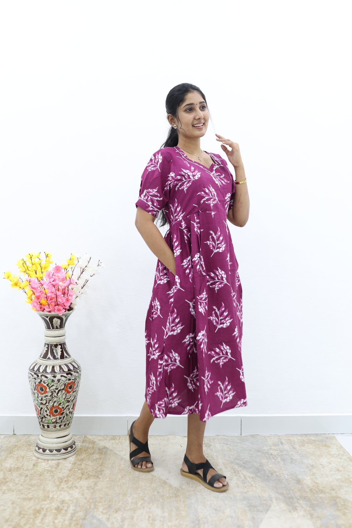 New Mangai Cotton Feeding MAXI Soft & Smooth Cotton | Invisible Vertical Feeding Zipper | Side Pockets | Back Adjustable Tie Rope |Casual & Maternity Wear (JFM)