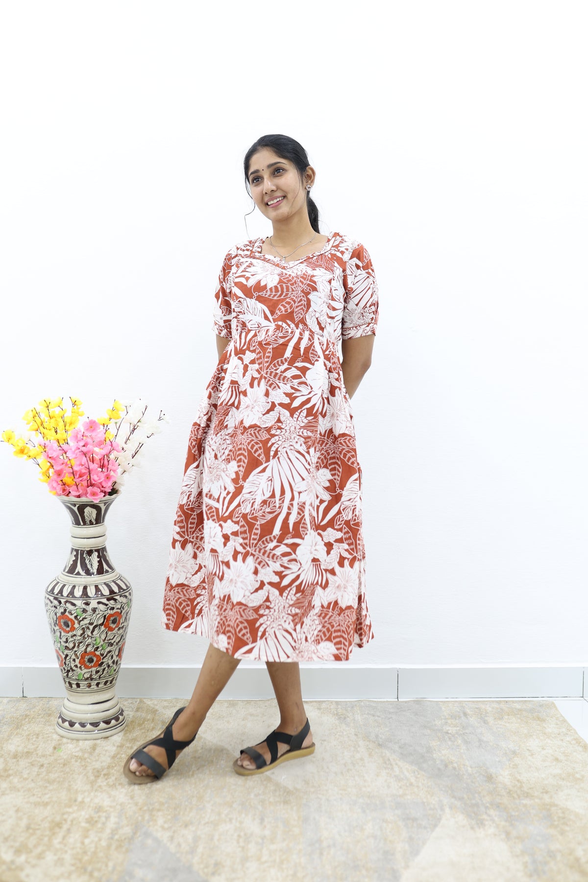 New Mangai Cotton Feeding MAXI Soft & Smooth Cotton | Invisible Vertical Feeding Zipper | Side Pockets | Back Adjustable Tie Rope |Casual & Maternity Wear (JFM)