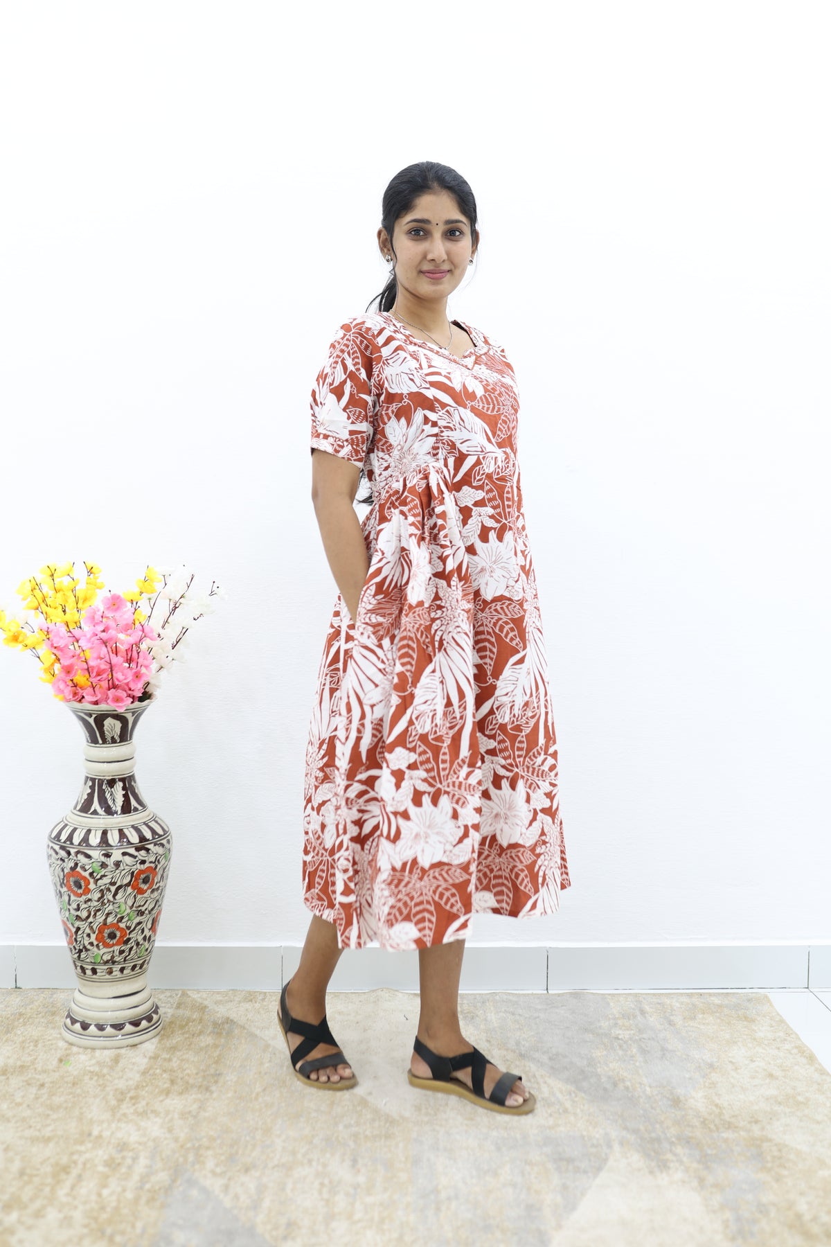New Mangai Cotton Feeding MAXI Soft & Smooth Cotton | Invisible Vertical Feeding Zipper | Side Pockets | Back Adjustable Tie Rope |Casual & Maternity Wear (JFM)