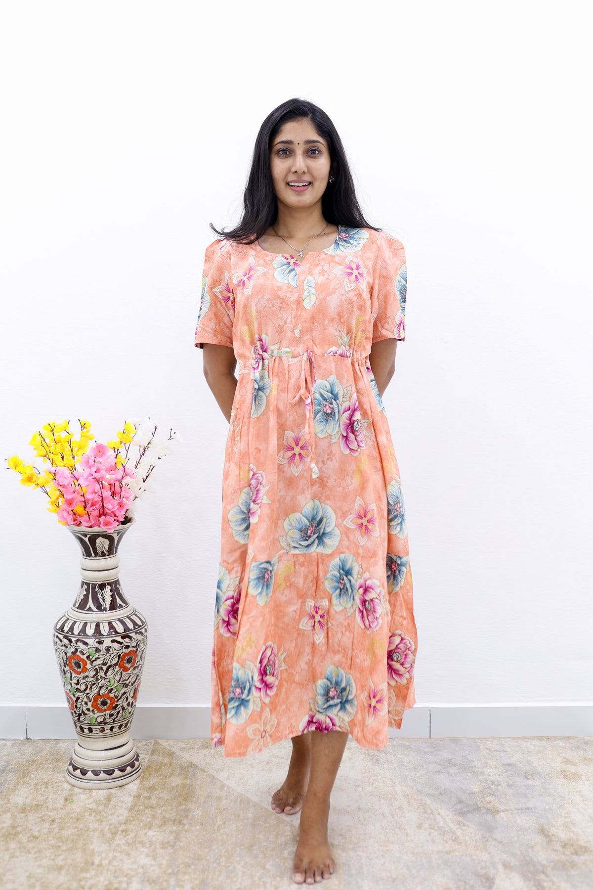 Rayon Colourful Foil Printing Gathering Frock Model Nighties | Side Pocket and Gathering Front Rope | Fancy Puff Sleeve & Maxi Frock Nightwear for Stylish Women's (FGF)