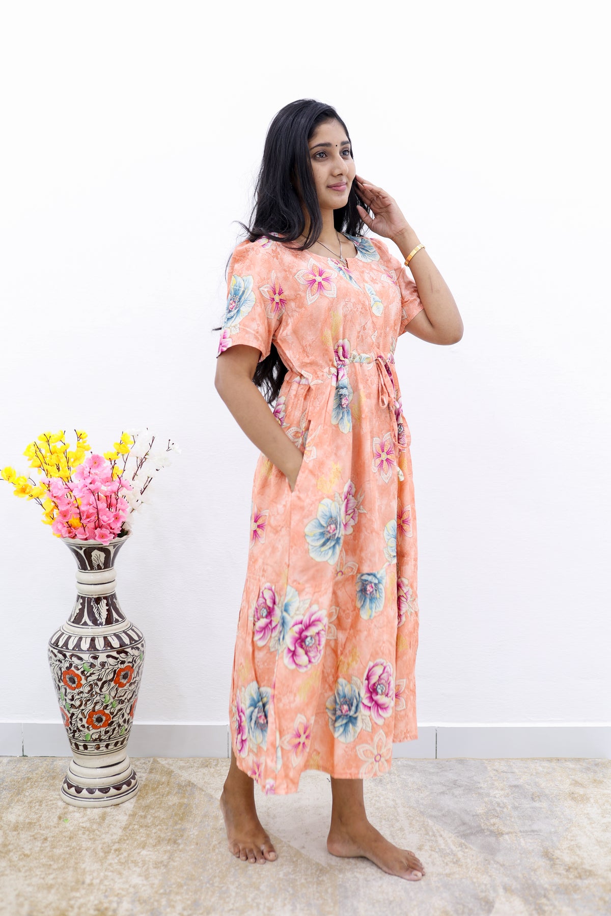 Rayon Colourful Foil Printing Gathering Frock Model Nighties | Side Pocket and Gathering Front Rope | Fancy Puff Sleeve & Maxi Frock Nightwear for Stylish Women's (FGF)