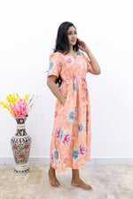 Rayon Colourful Foil Printing Gathering Frock Model Nighties | Side Pocket and Gathering Front Rope | Fancy Puff Sleeve & Maxi Frock Nightwear for Stylish Women's (FGF)