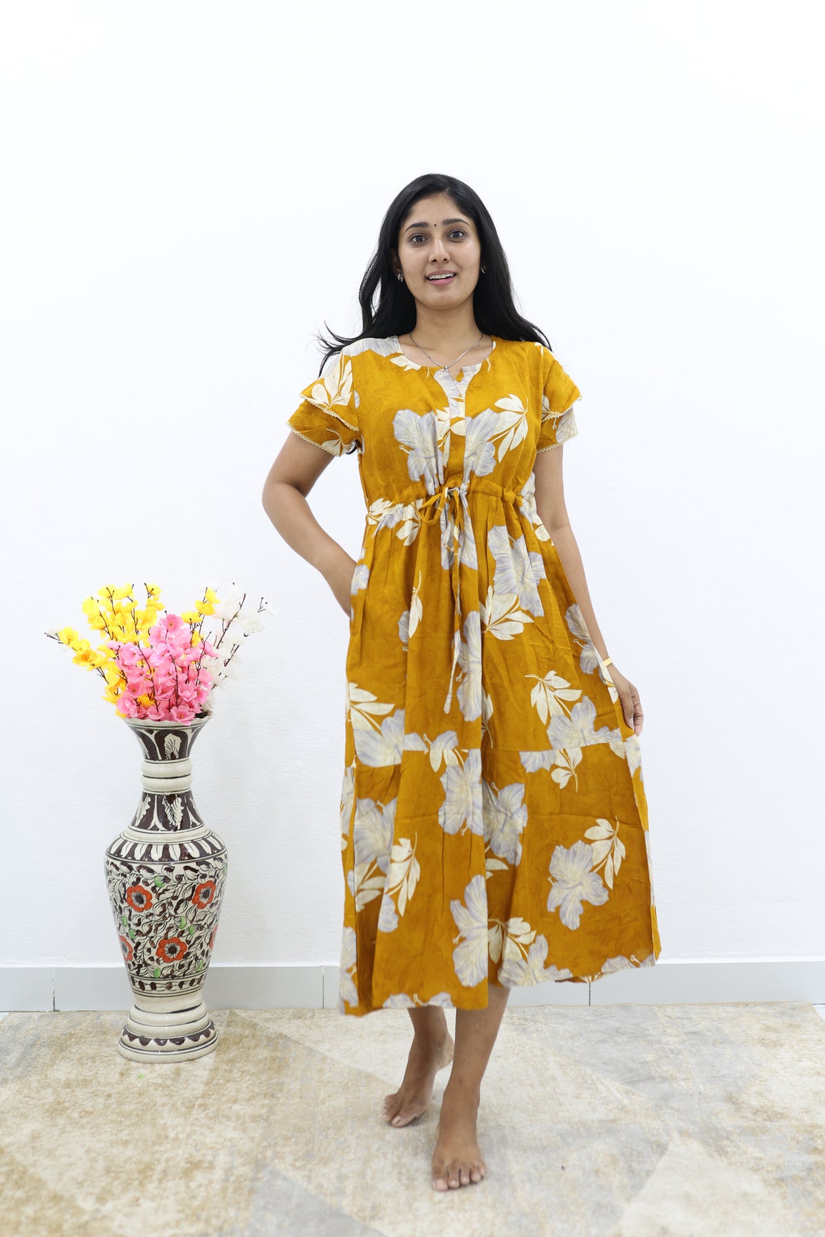 Rayon Colourful Foil Printing Gathering Frock Model Nighties | Side Pocket and Gathering Front Rope | Fancy Double Layer Sleeve & Maxi Frock Nightwear for Stylish Women's (FGF)