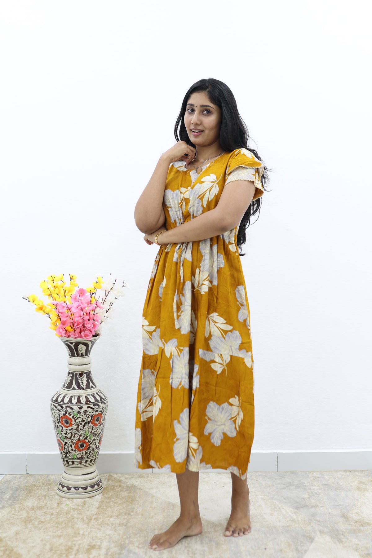 Rayon Colourful Foil Printing Gathering Frock Model Nighties | Side Pocket and Gathering Front Rope | Fancy Double Layer Sleeve & Maxi Frock Nightwear for Stylish Women's (FGF)