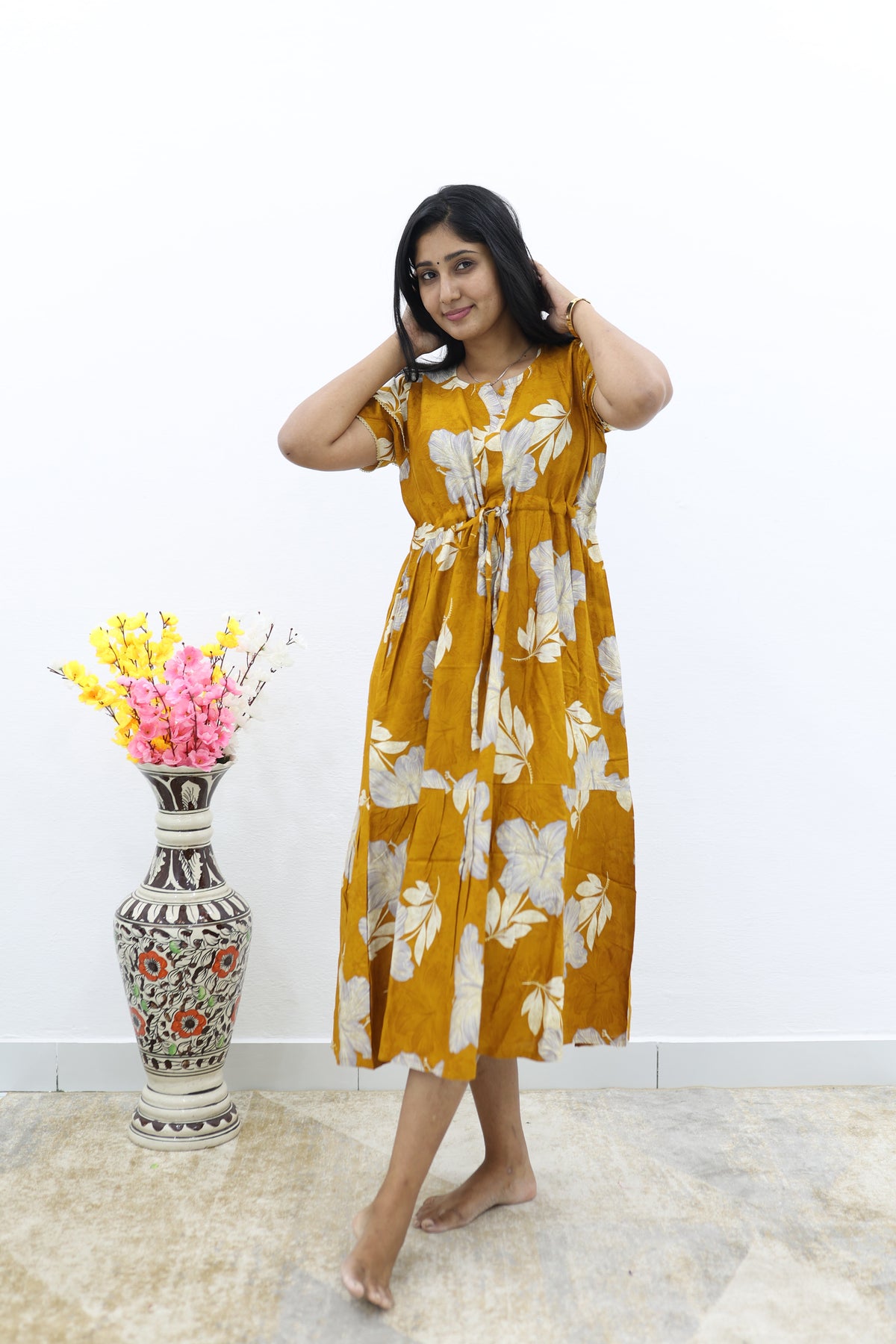 Rayon Colourful Foil Printing Gathering Frock Model Nighties | Side Pocket and Gathering Front Rope | Fancy Double Layer Sleeve & Maxi Frock Nightwear for Stylish Women's (FGF)