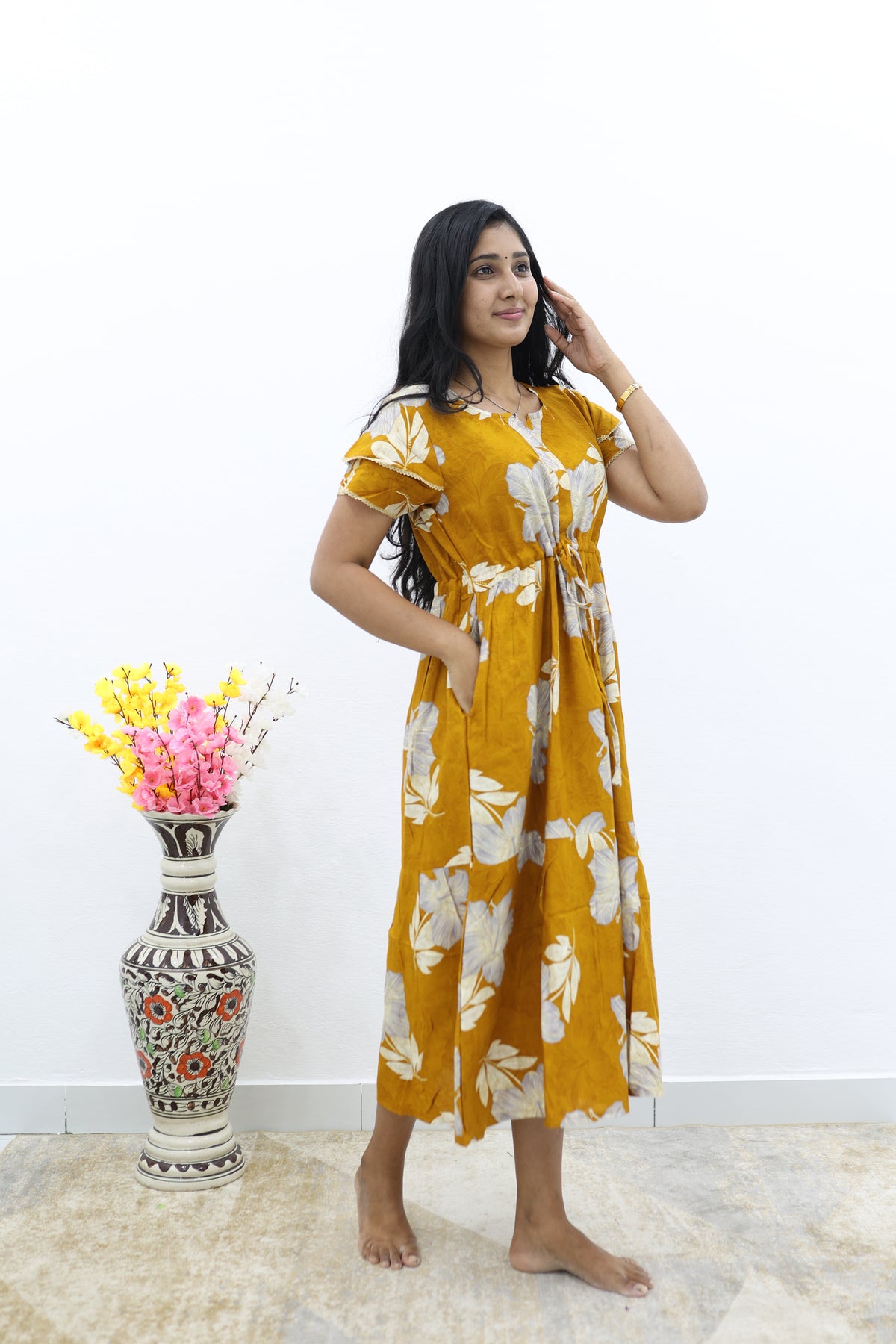 Rayon Colourful Foil Printing Gathering Frock Model Nighties | Side Pocket and Gathering Front Rope | Fancy Double Layer Sleeve & Maxi Frock Nightwear for Stylish Women's (FGF)