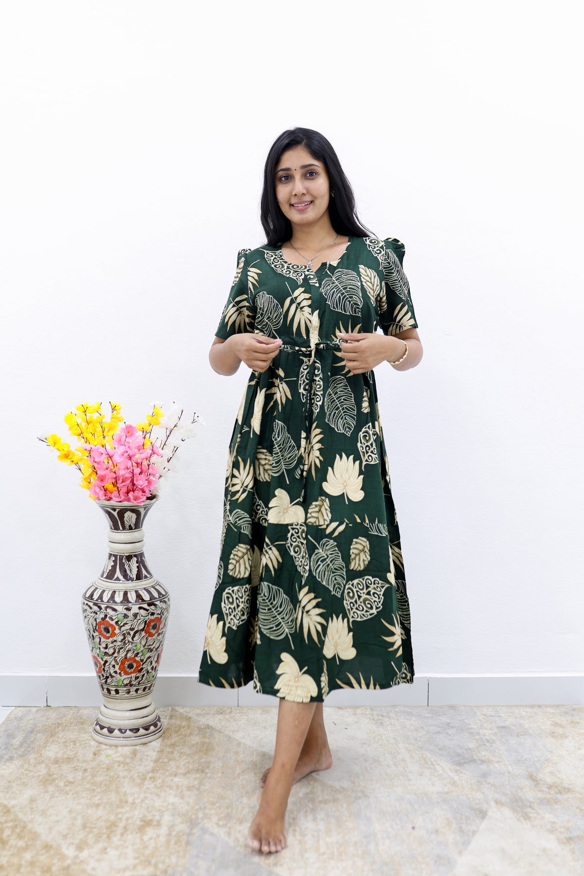 Rayon Colourful Foil Printing Gathering Frock Model Nighties | Side Pocket and Gathering Front Rope | Fancy Puff Sleeve & Maxi Frock Nightwear for Stylish Women's (FGF)