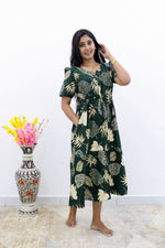 Rayon Colourful Foil Printing Gathering Frock Model Nighties | Side Pocket and Gathering Front Rope | Fancy Puff Sleeve & Maxi Frock Nightwear for Stylish Women's (FGF)