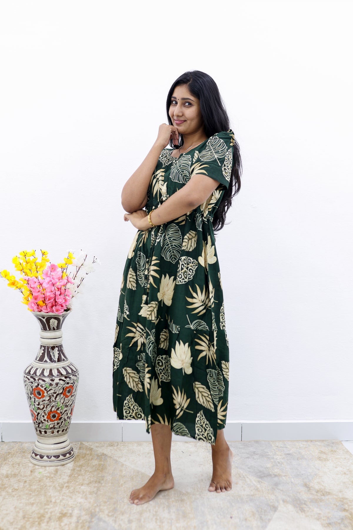 Rayon Colourful Foil Printing Gathering Frock Model Nighties | Side Pocket and Gathering Front Rope | Fancy Puff Sleeve & Maxi Frock Nightwear for Stylish Women's (FGF)