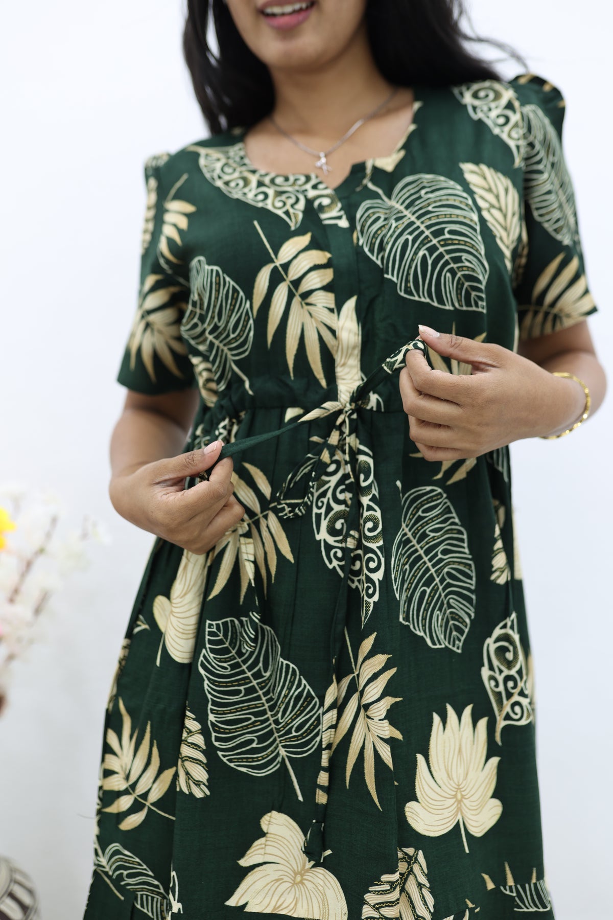 Rayon Colourful Foil Printing Gathering Frock Model Nighties | Side Pocket and Gathering Front Rope | Fancy Puff Sleeve & Maxi Frock Nightwear for Stylish Women's (FGF)