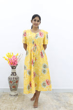 Rayon Colourful Foil Printing Gathering Frock Model Nighties | Side Pocket and Gathering Front Rope | Fancy Puff Sleeve & Maxi Frock Nightwear for Stylish Women's (FGF)