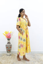 Rayon Colourful Foil Printing Gathering Frock Model Nighties | Side Pocket and Gathering Front Rope | Fancy Puff Sleeve & Maxi Frock Nightwear for Stylish Women's (FGF)