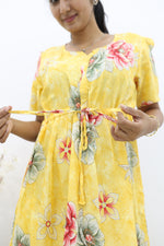 Rayon Colourful Foil Printing Gathering Frock Model Nighties | Side Pocket and Gathering Front Rope | Fancy Puff Sleeve & Maxi Frock Nightwear for Stylish Women's (FGF)