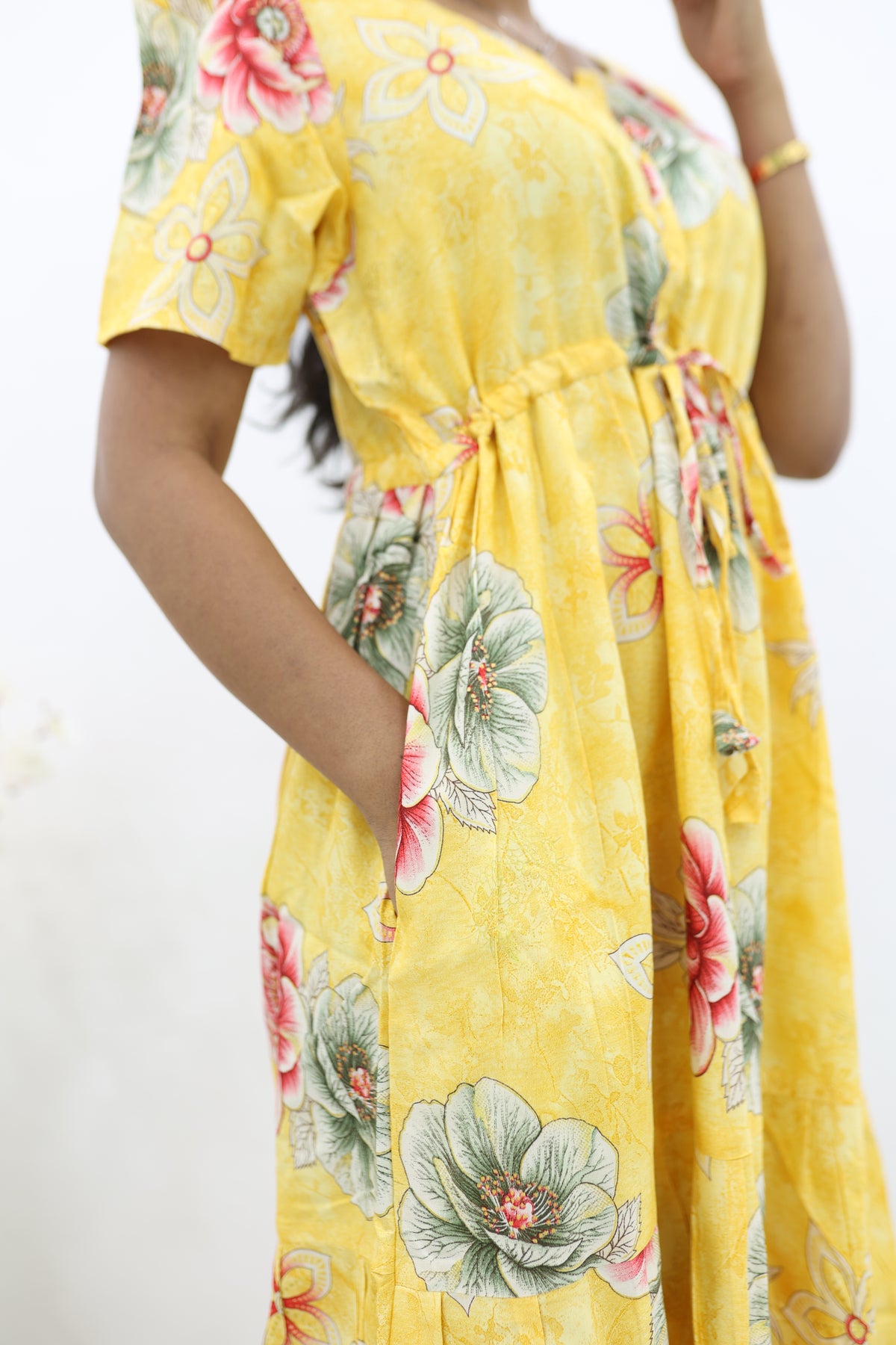 Rayon Colourful Foil Printing Gathering Frock Model Nighties | Side Pocket and Gathering Front Rope | Fancy Puff Sleeve & Maxi Frock Nightwear for Stylish Women's (FGF)