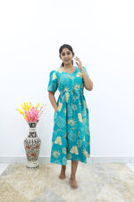 Rayon Colourful Foil Printing Gathering Frock Model Nighties | Side Pocket and Gathering Front Rope | Fancy Puff Sleeve & Maxi Frock Nightwear for Stylish Women's (FGF)