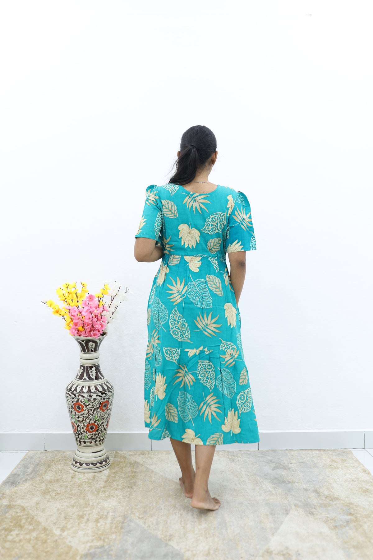 Rayon Colourful Foil Printing Gathering Frock Model Nighties | Side Pocket and Gathering Front Rope | Fancy Puff Sleeve & Maxi Frock Nightwear for Stylish Women's (FGF)