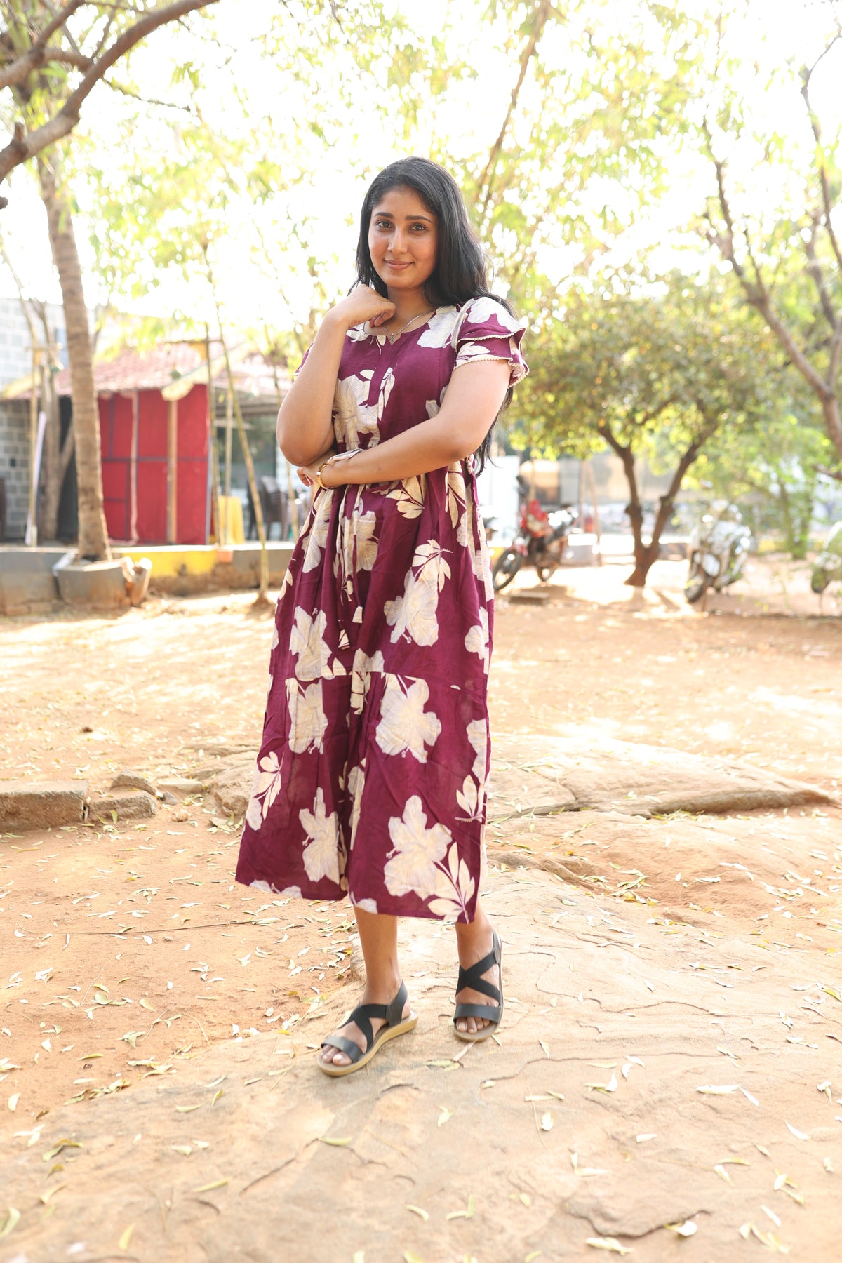 Rayon Colourful Foil Printing Gathering Frock Model Nighties | Side Pocket and Gathering Front Rope | Fancy Double Layer Sleeve & Maxi Frock Nightwear for Stylish Women's (FGF)