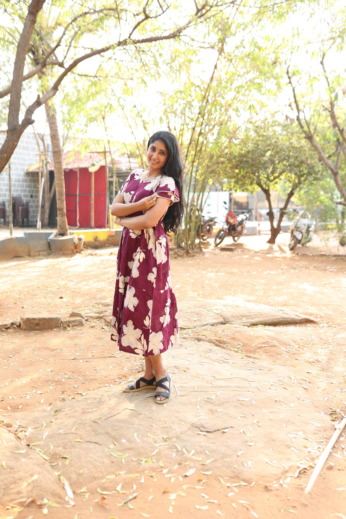 Rayon Colourful Foil Printing Gathering Frock Model Nighties | Side Pocket and Gathering Front Rope | Fancy Double Layer Sleeve & Maxi Frock Nightwear for Stylish Women's (FGF)