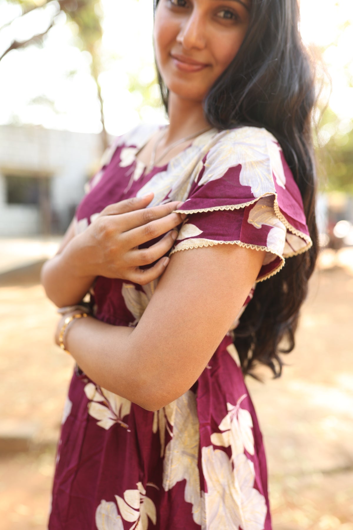 Rayon Colourful Foil Printing Gathering Frock Model Nighties | Side Pocket and Gathering Front Rope | Fancy Double Layer Sleeve & Maxi Frock Nightwear for Stylish Women's (FGF)