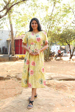 Rayon Colourful Foil Printing Gathering Frock Model Nighties | Side Pocket and Gathering Front Rope | Fancy Puff Sleeve & Maxi Frock Nightwear for Stylish Women's (FGF)