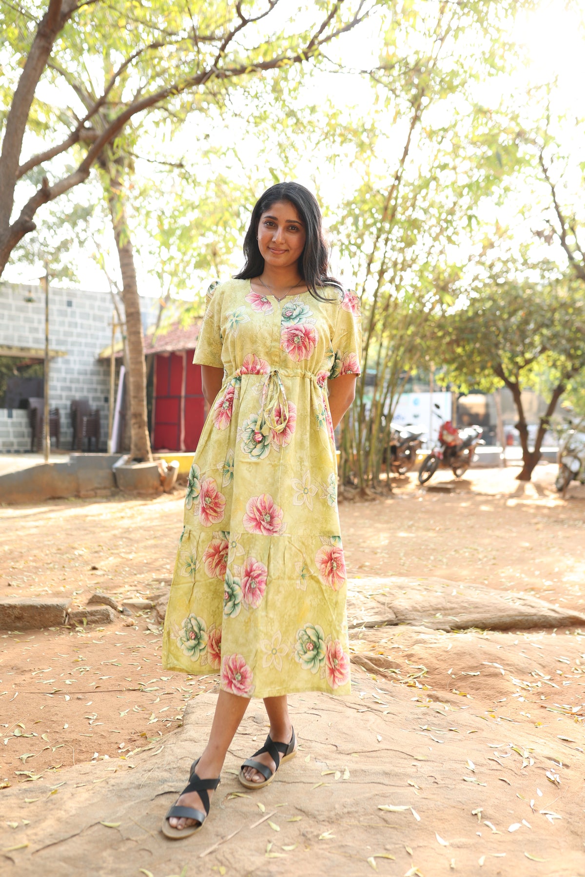 Rayon Colourful Foil Printing Gathering Frock Model Nighties | Side Pocket and Gathering Front Rope | Fancy Puff Sleeve & Maxi Frock Nightwear for Stylish Women's (FGF)