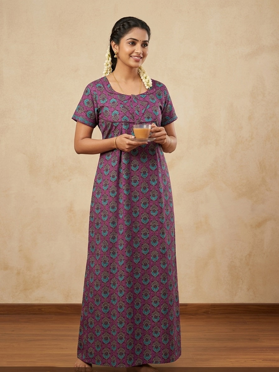 MANGAI Cotton Printed Pleated Model Half Sleeve 5XL Size Nighties - Fancy Neck | With Side Pocket | Shrinkage Free Nighties (5PZ)