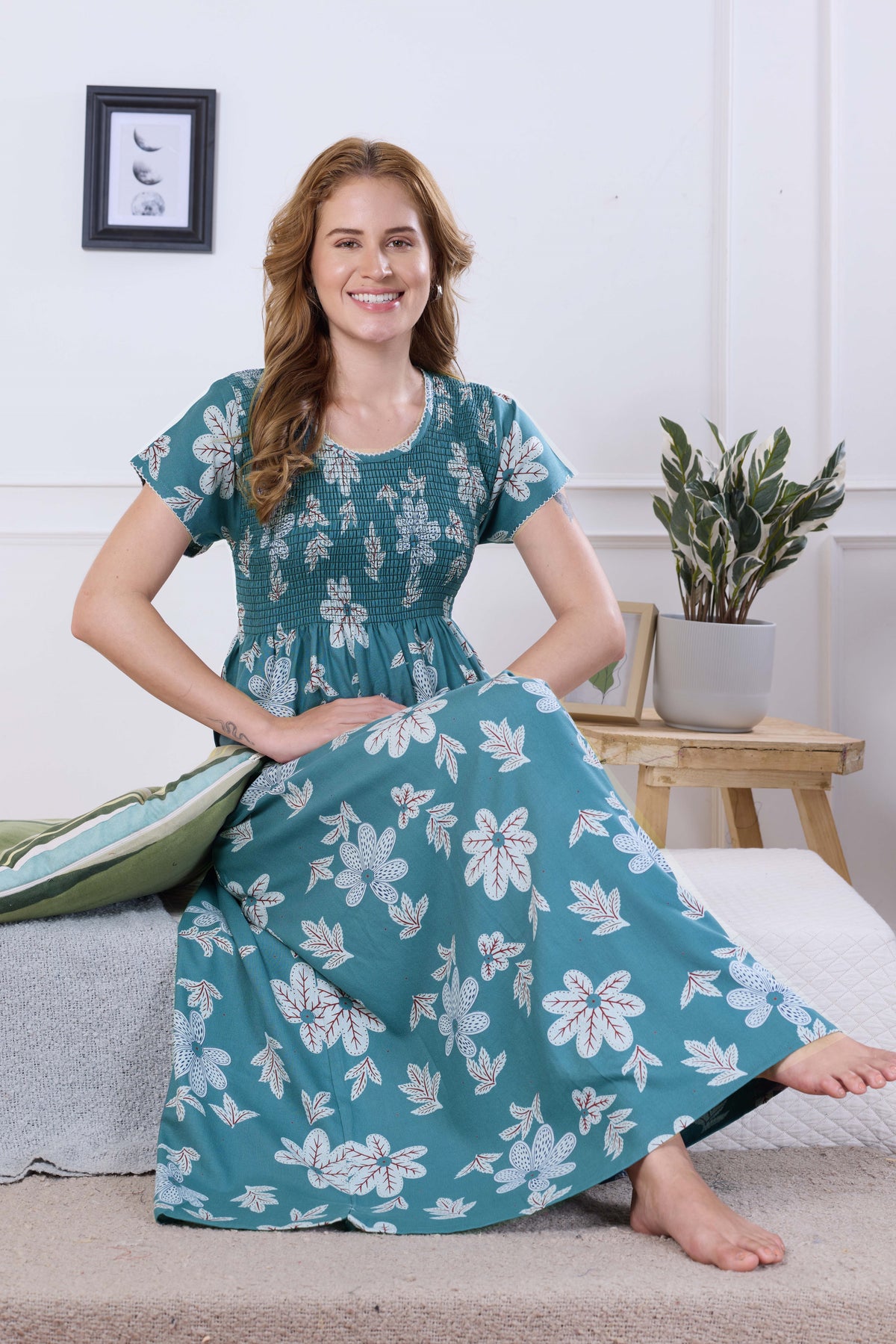 ALPINE Smocking Nighty | Beautiful Pleated Design | Side Pocket | Stylish Nighty for Trendy Women's | Your Perfect Nightwear Collection's (ALS)