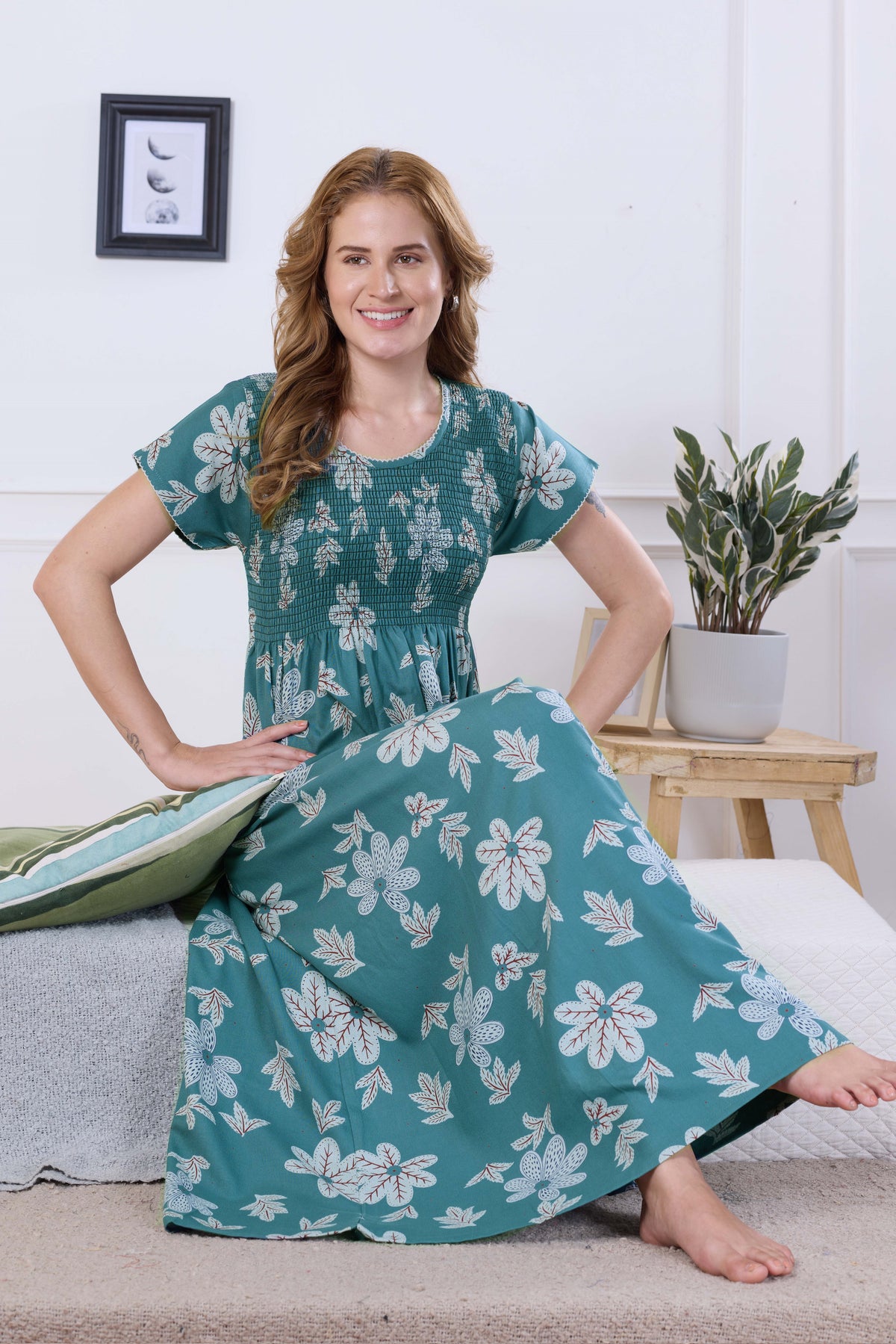 ALPINE Smocking Nighty | Beautiful Pleated Design | Side Pocket | Stylish Nighty for Trendy Women's | Your Perfect Nightwear Collection's (ALS)