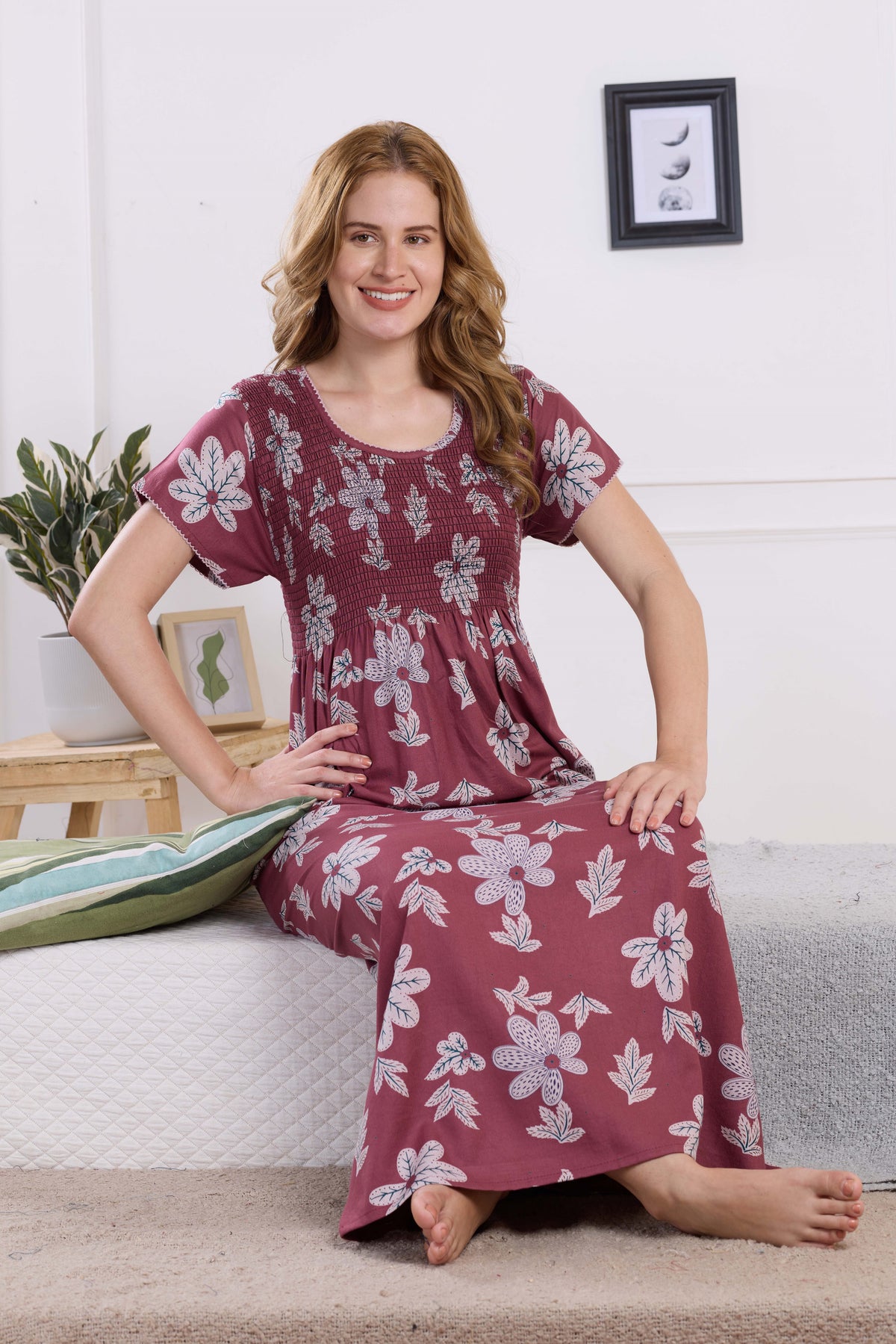 ALPINE Smocking Nighty | Beautiful Pleated Design | Side Pocket | Stylish Nighty for Trendy Women's | Your Perfect Nightwear Collection's (ALS)