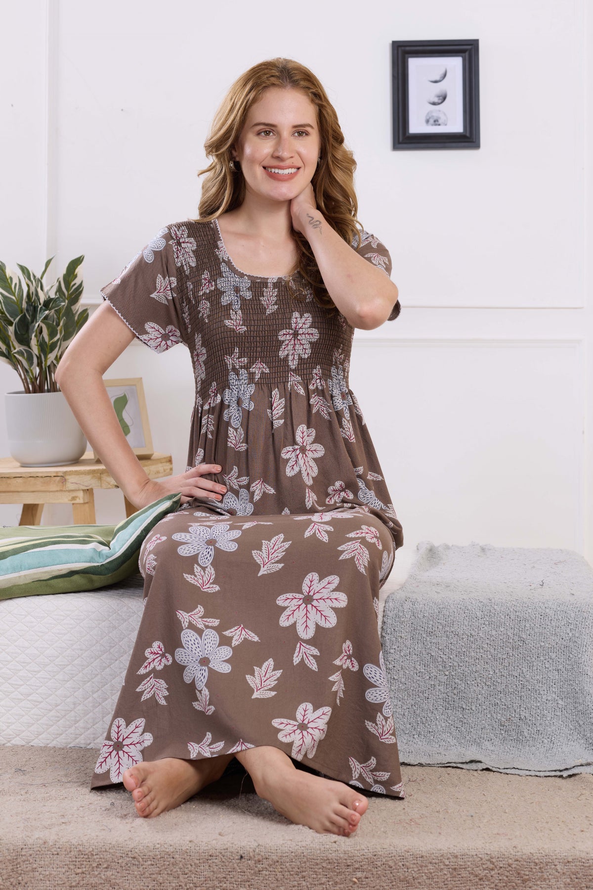 ALPINE Smocking Nighty | Beautiful Pleated Design | Side Pocket | Stylish Nighty for Trendy Women's | Your Perfect Nightwear Collection's (ALS)