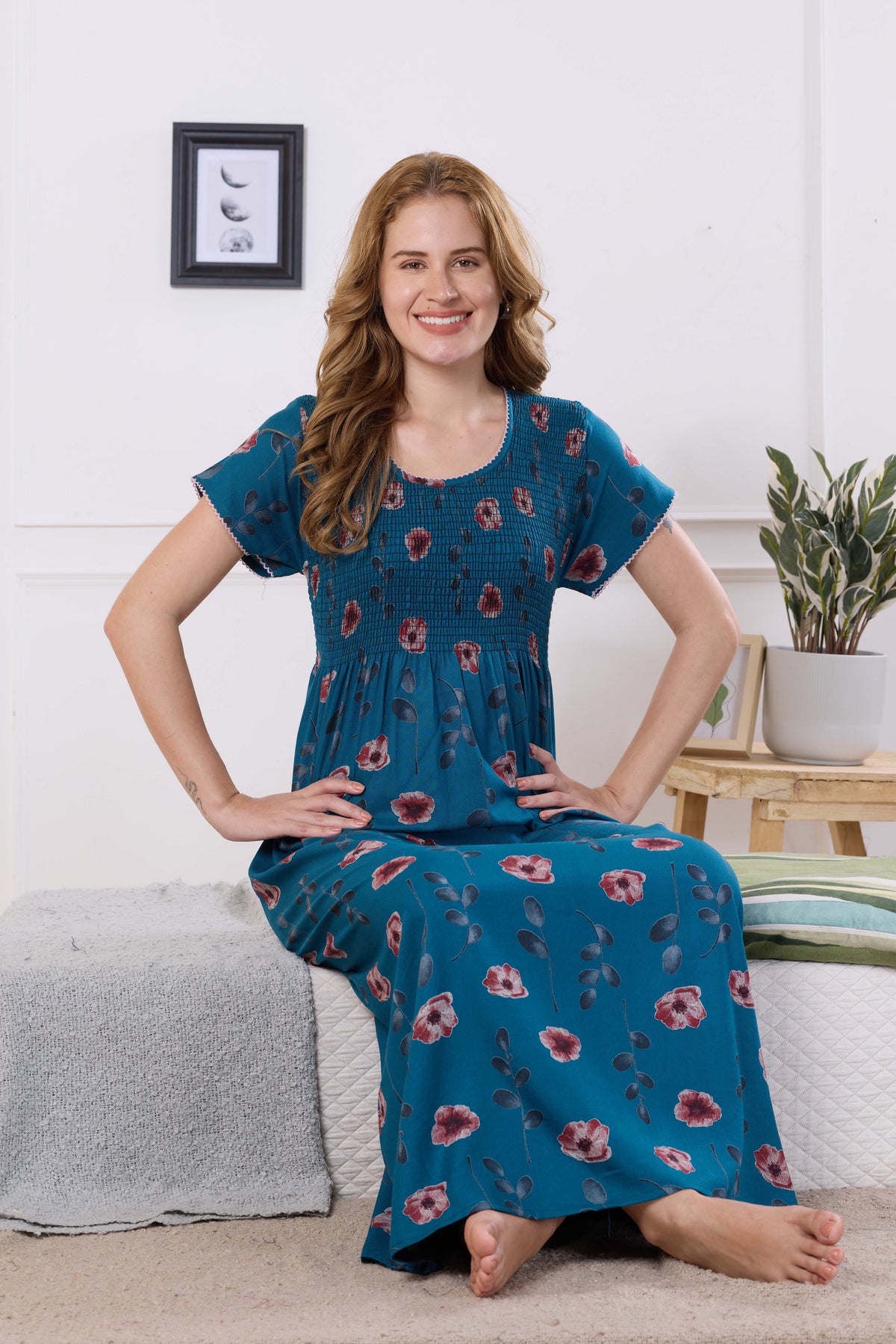 ALPINE Smocking Nighty | Beautiful Pleated Design | Side Pocket | Stylish Nighty for Trendy Women's | Your Perfect Nightwear Collection's (ALS)