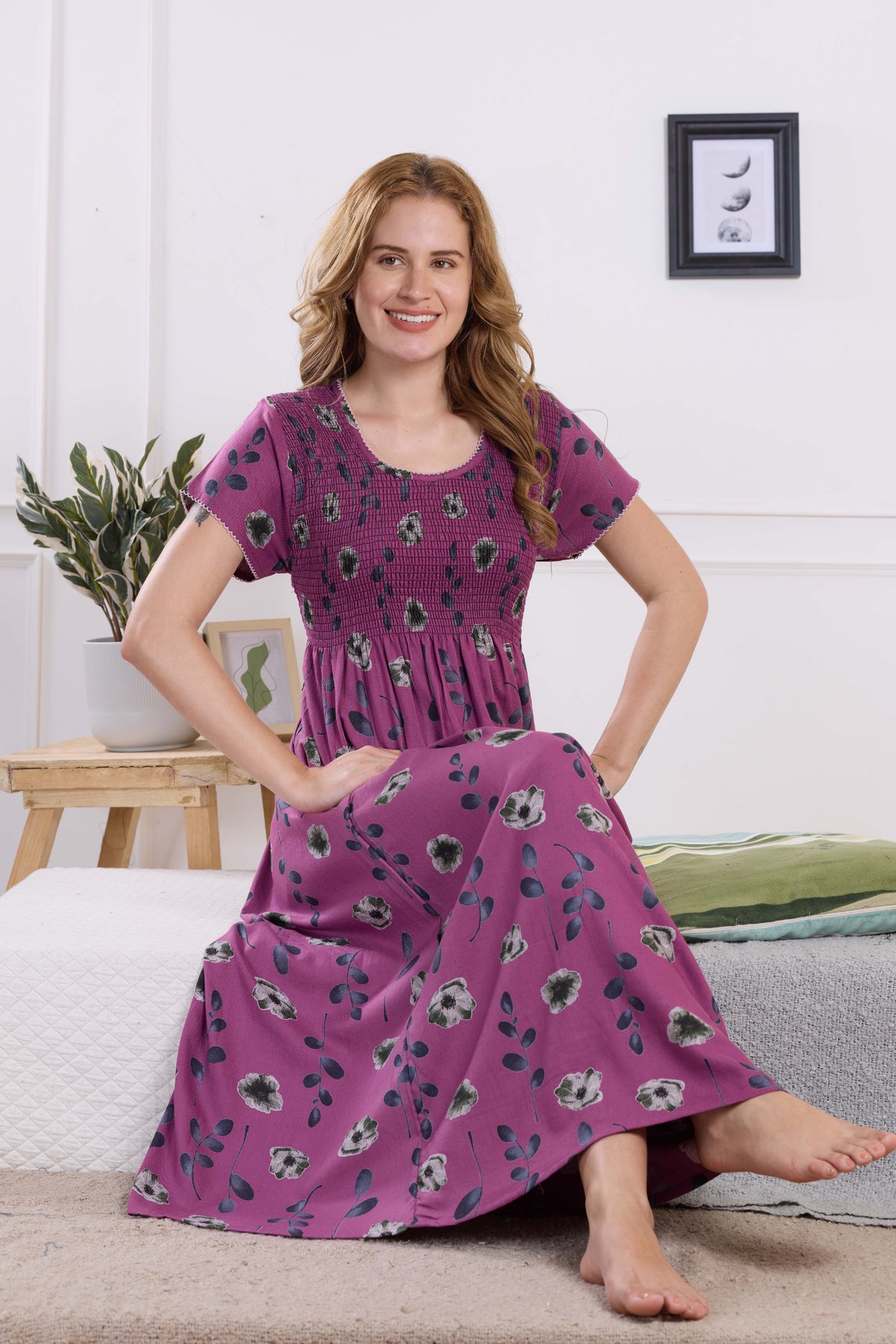 ALPINE Smocking Nighty | Beautiful Pleated Design | Side Pocket | Stylish Nighty for Trendy Women's | Your Perfect Nightwear Collection's (ALS)