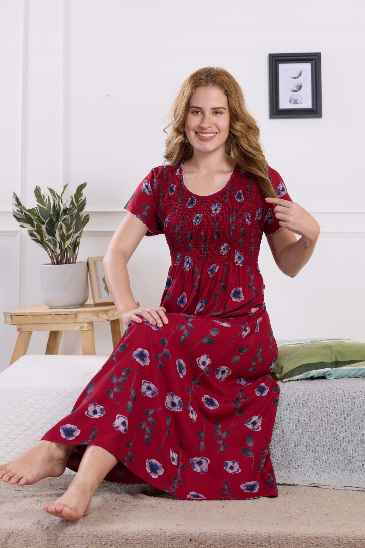 ALPINE Smocking Nighty | Beautiful Pleated Design | Side Pocket | Stylish Nighty for Trendy Women's | Your Perfect Nightwear Collection's (ALS)