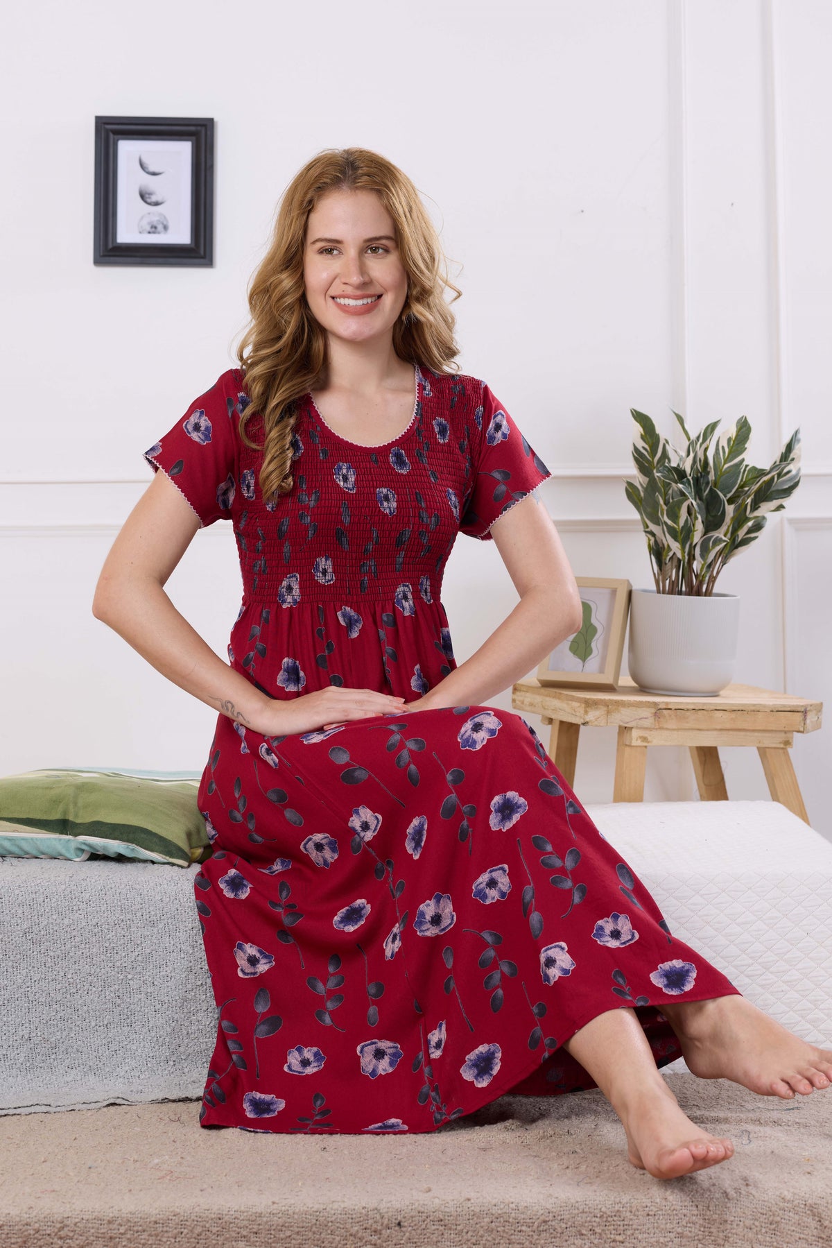 ALPINE Smocking Nighty | Beautiful Pleated Design | Side Pocket | Stylish Nighty for Trendy Women's | Your Perfect Nightwear Collection's (ALS)