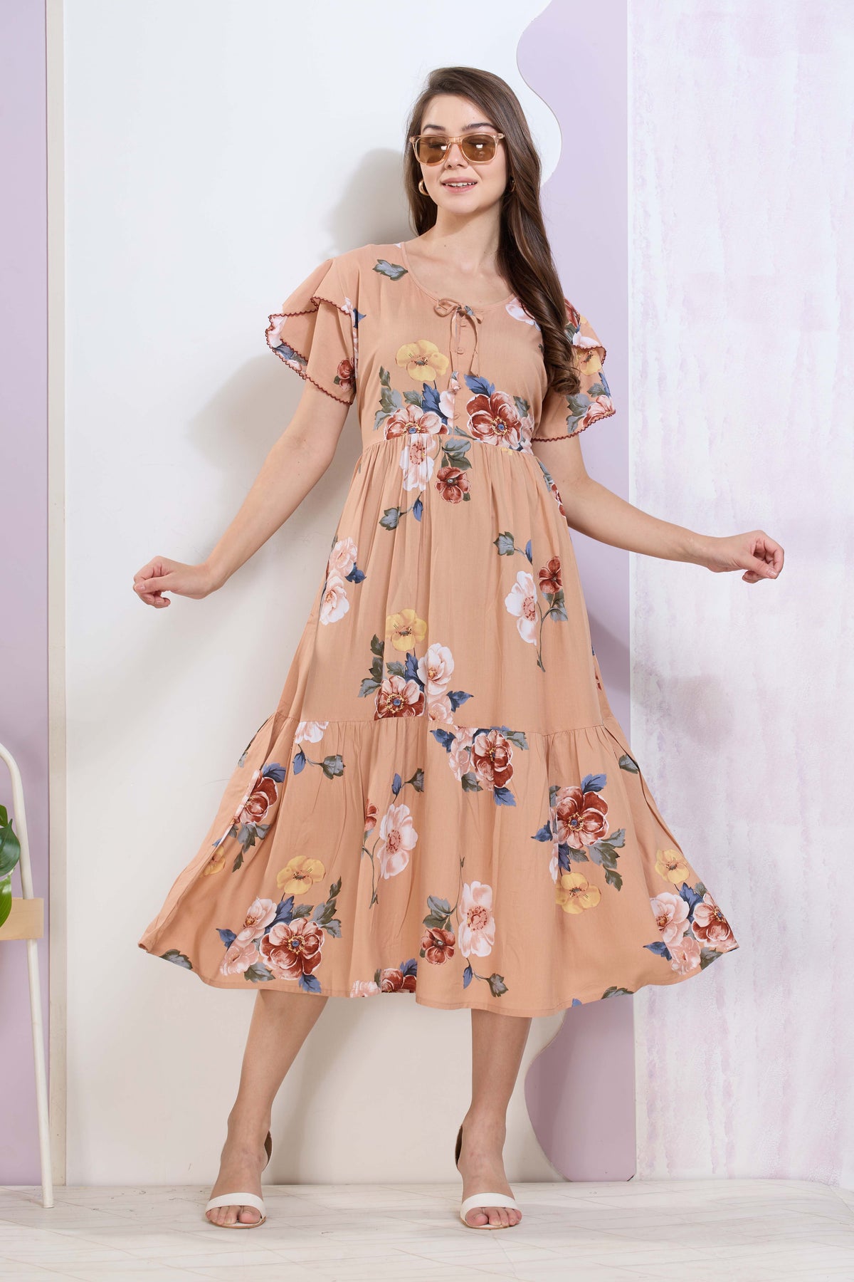 Imported Rayon MAXI FROCK Model Nighties | Fancy Petal Sleeve | Fancy Neck & Side Pocket | Pleated Frock MAXI Style | Trendy Collection's for Stylish Women & Teenage Girl (IRM)