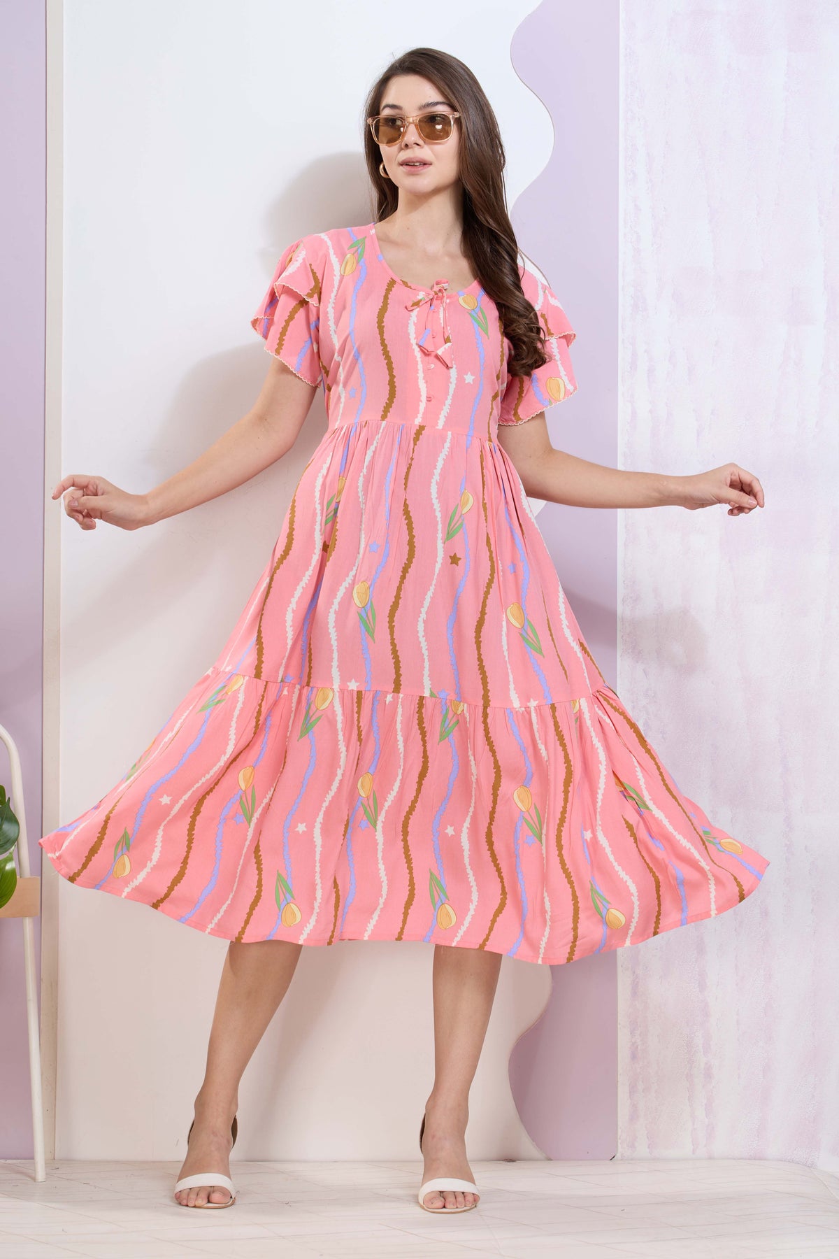 Imported Rayon MAXI FROCK Model Nighties | Fancy Petal Sleeve | Fancy Neck & Side Pocket | Pleated Frock MAXI Style | Trendy Collection's for Stylish Women & Teenage Girl (IRM)