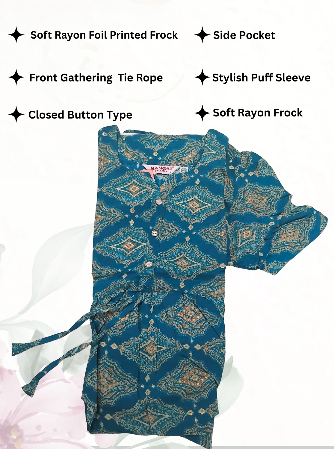 Rayon Colourful Foil Printing Gathering Frock Model Nighties | Side Pocket and Gathering Front Rope | Fancy Sleeve & Maxi Frock Nightwear for Stylish Women's (FGF)