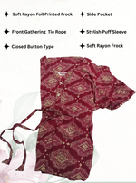 Rayon Colourful Foil Printing Gathering Frock Model Nighties | Side Pocket and Gathering Front Rope | Fancy Sleeve & Maxi Frock Nightwear for Stylish Women's (FGF)