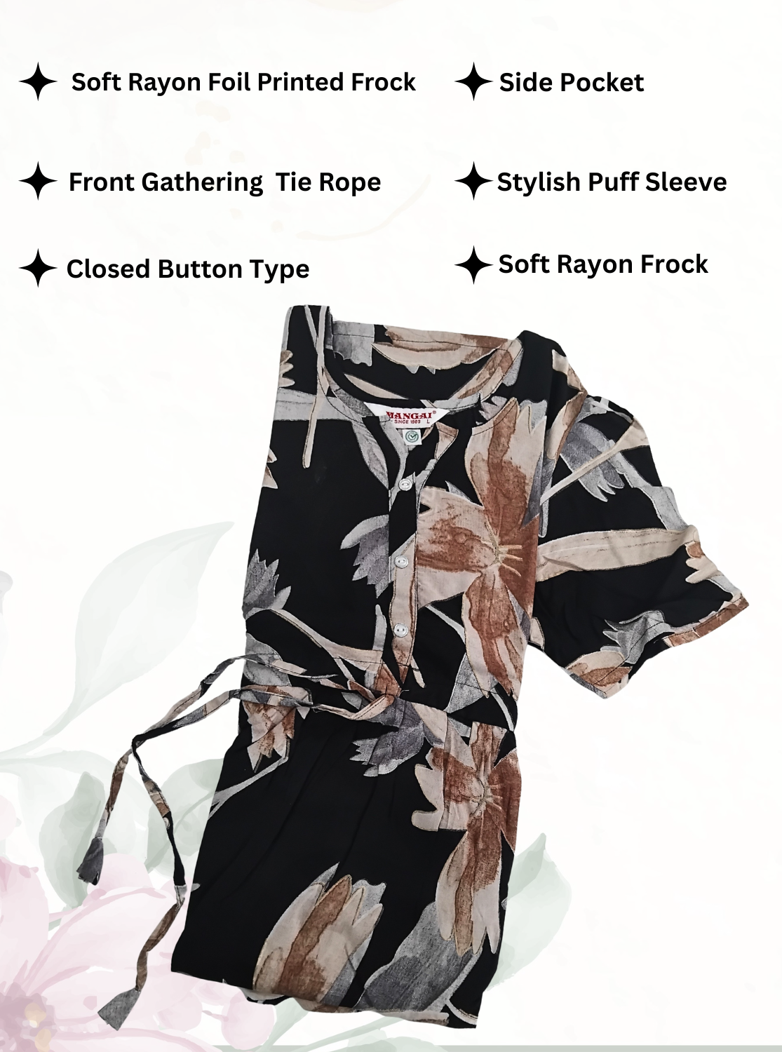 Rayon Colourful Foil Printing Gathering Frock Model Nighties | Side Pocket and Gathering Front Rope | Fancy Sleeve & Maxi Frock Nightwear for Stylish Women's (FGF)