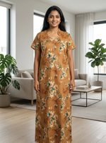 MANGAI Floral Printed Cotton Nighty for Women | Collar Model Full Length Nightwear with Front Zip & Pocket | Soft Daily Wear (ATR)