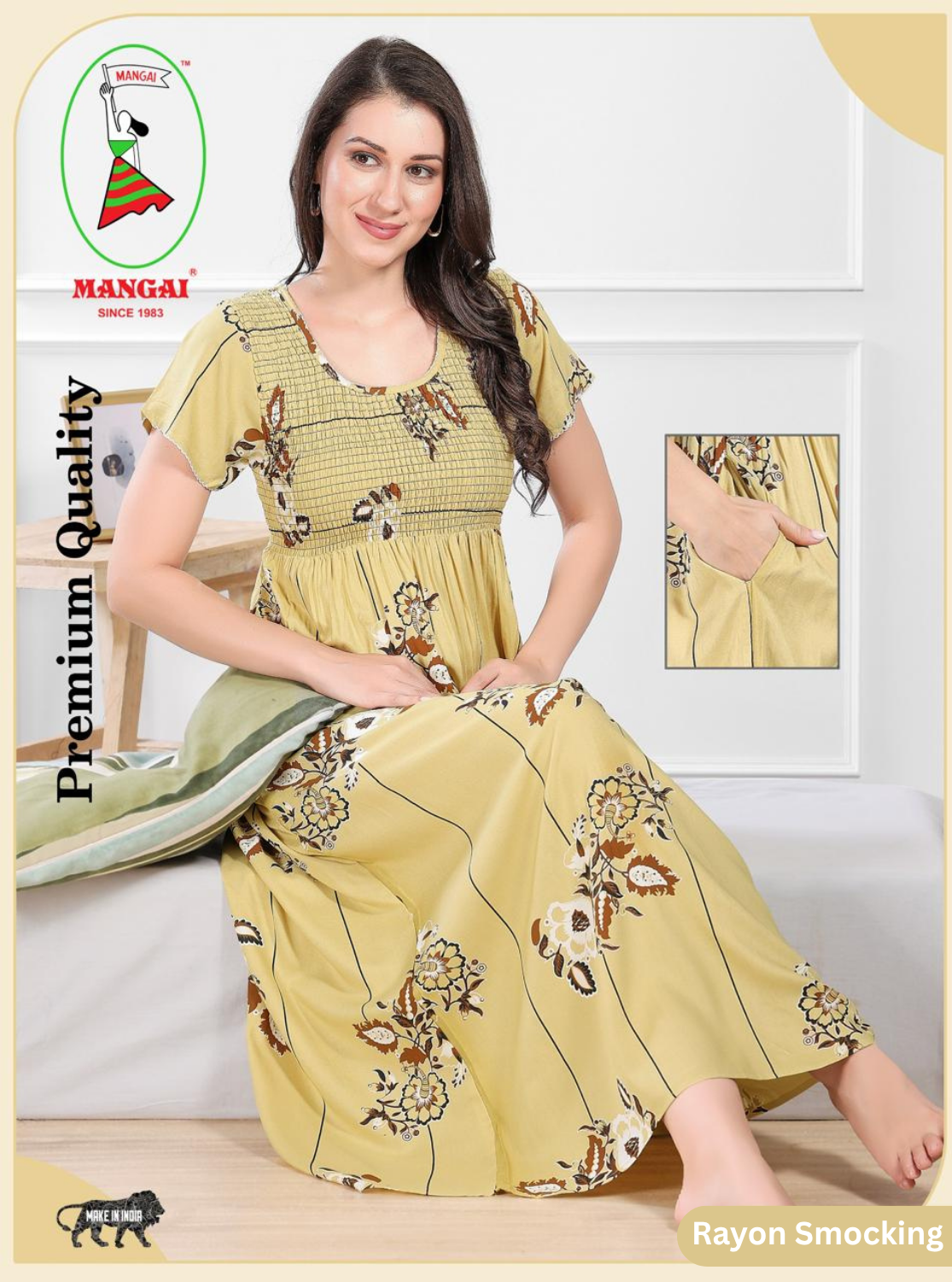 MANGAI Premium RAYON Smocking Nighty | Beautiful Pleated Design | Side Pocket | Stylish Nighty for Trendy Women's | Your Perfect Nightwear Collection's (RYS)