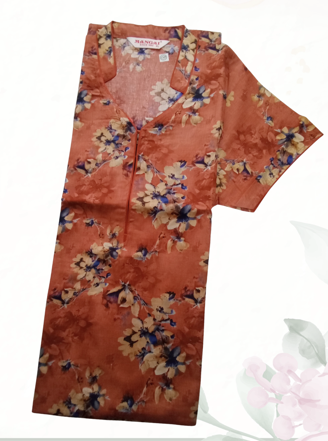 MANGAI Floral Printed Cotton Nighty for Women | Collar Model Full Length Nightwear with Front Zip & Pocket | Soft Daily Wear (ATR)
