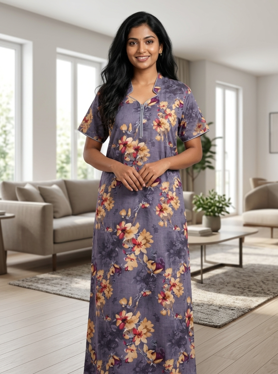 MANGAI Floral Printed Cotton Nighty for Women | Collar Model Full Length Nightwear with Front Zip & Pocket | Soft Daily Wear (ATR)