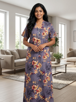 MANGAI Floral Printed Cotton Nighty for Women | Collar Model Full Length Nightwear with Front Zip & Pocket | Soft Daily Wear (ATR)