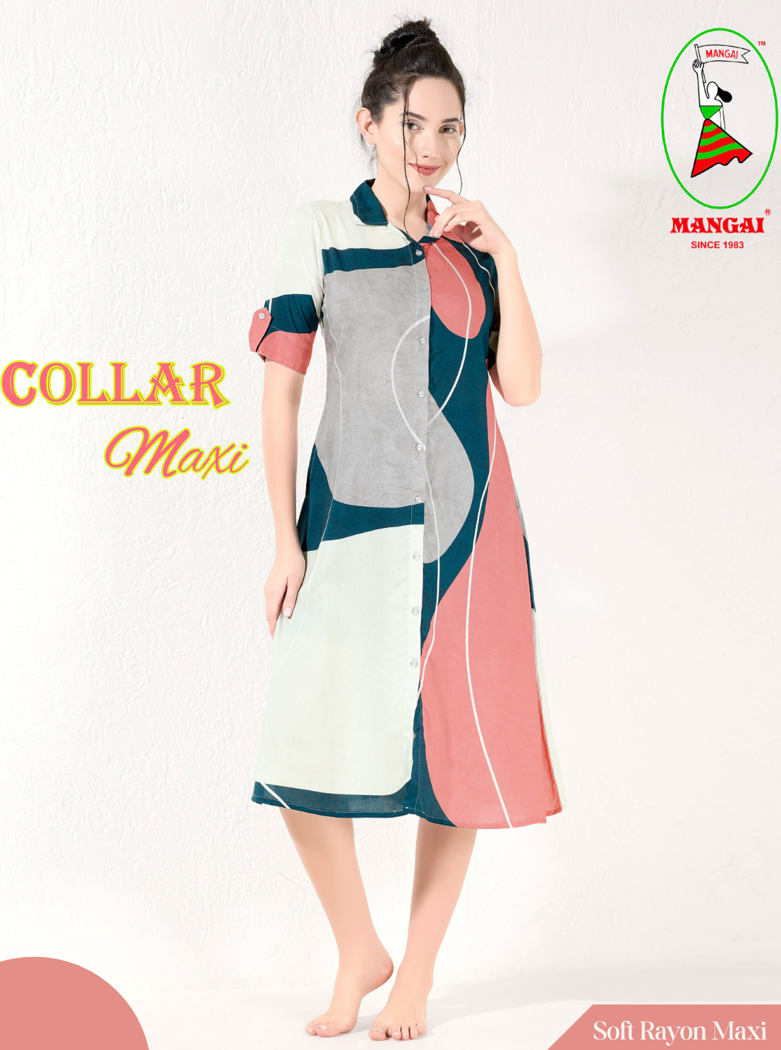 MANGAI Premium Rayon Collar MAXI Nighty for Women | Long Sleeve Stylish Nightwear for Women and Teenager | Perfect Stylish Nightwear (CM)