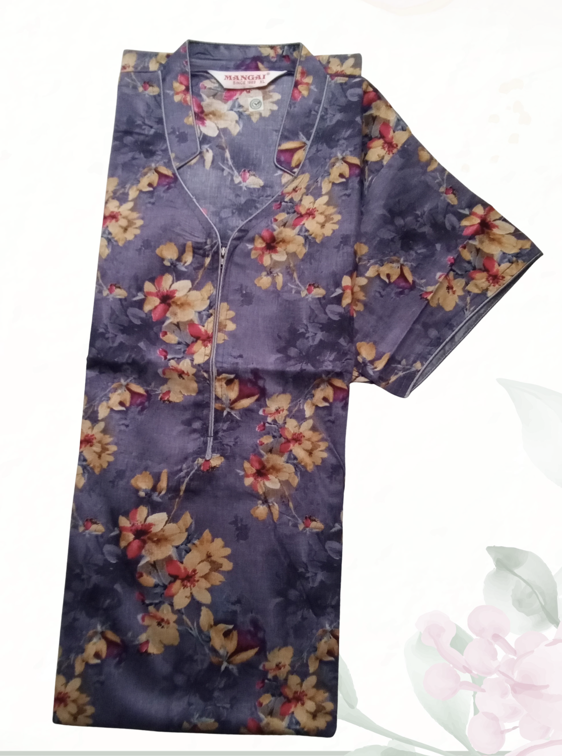 MANGAI Floral Printed Cotton Nighty for Women | Collar Model Full Length Nightwear with Front Zip & Pocket | Soft Daily Wear (ATR)