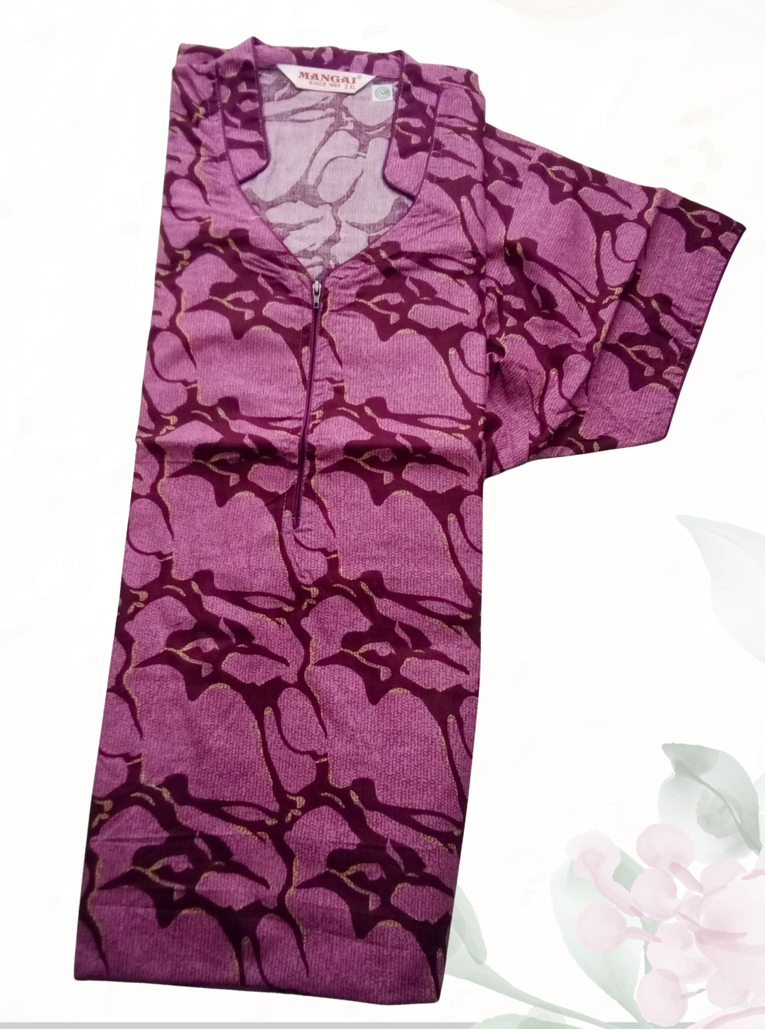 MANGAI Regular Cotton Printed Nighty for Women | Collar Neck Front Zipper Full Length Nighty with Side Pocket | Half Sleeve Comfort Fit House Wear (ATR)